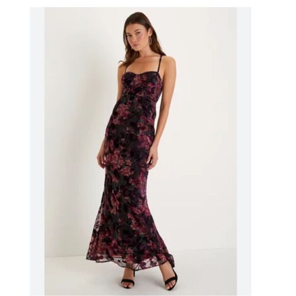 NWT Lulu's Black Floral Asían Print Velvet XL Maxi Babydoll Dress Fairy Whimsi - Picture 2 of 15